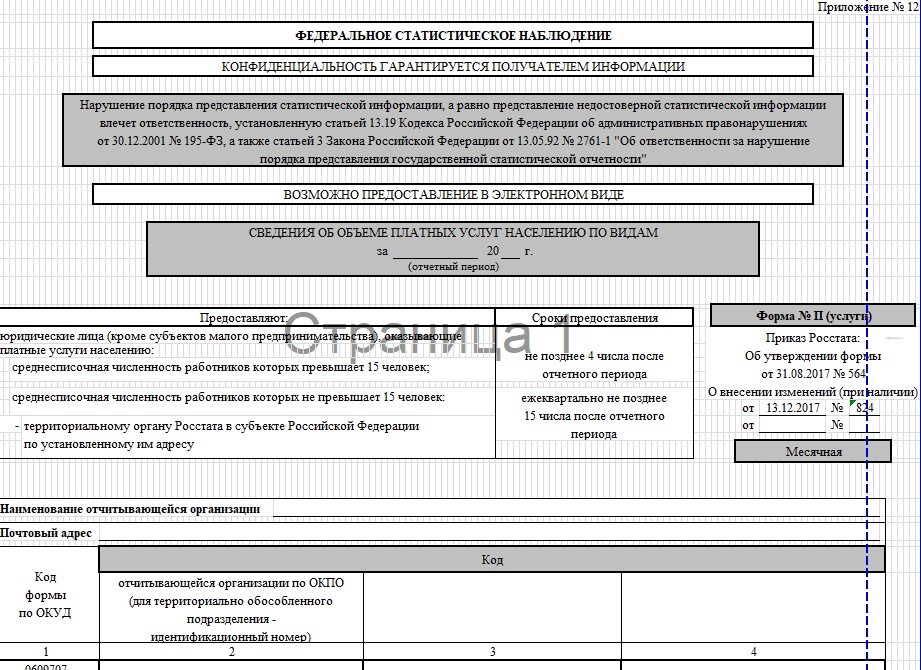 Форма № П (услуги). Сведения об объеме платных услуг населению по видам