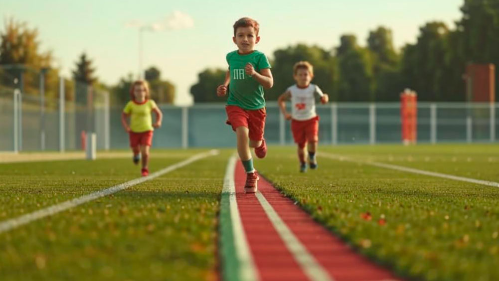 дети бегут по беговым дорожкам